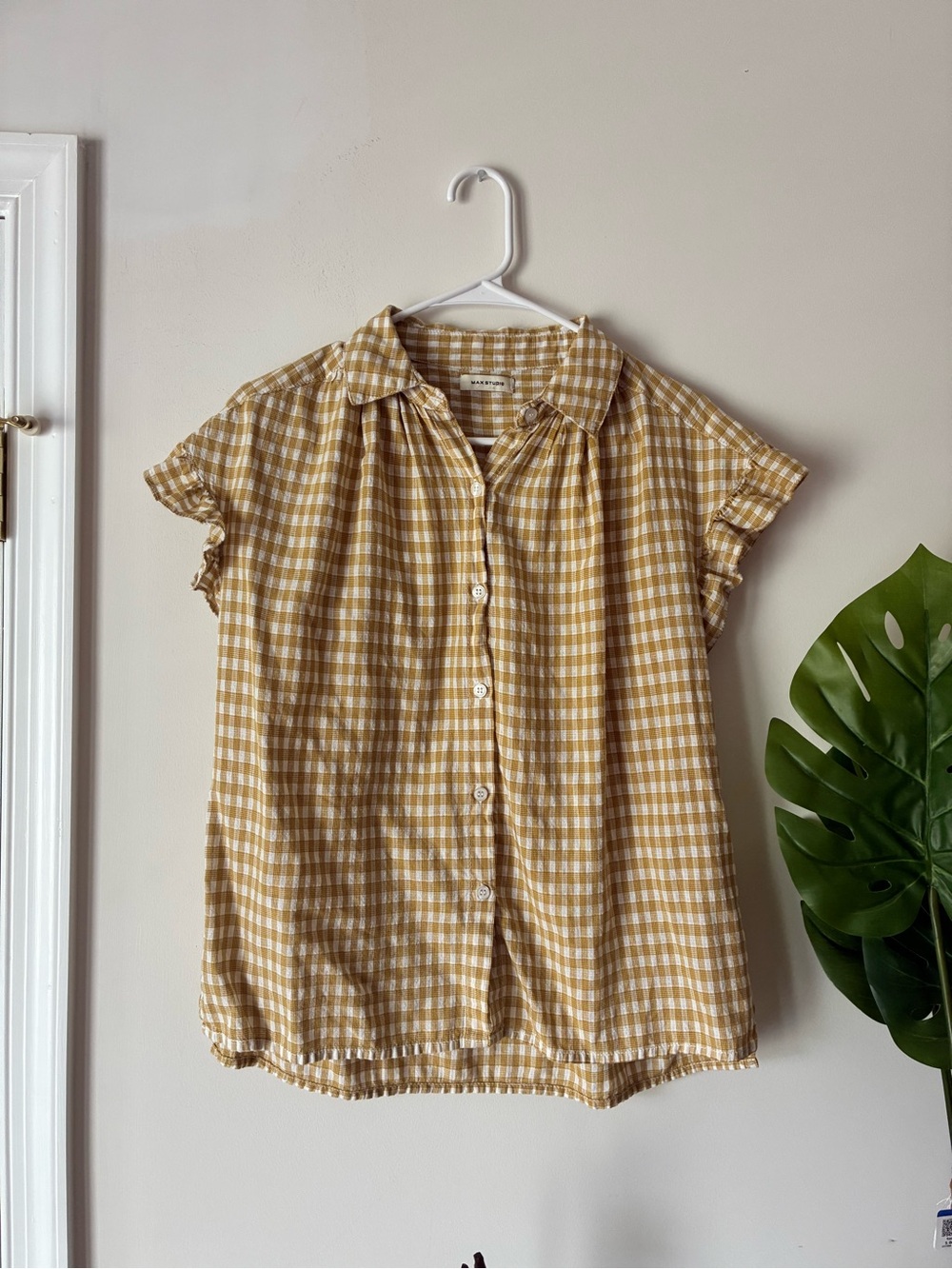 Max Studio Mustard and White Gingham Button-Front Blouse